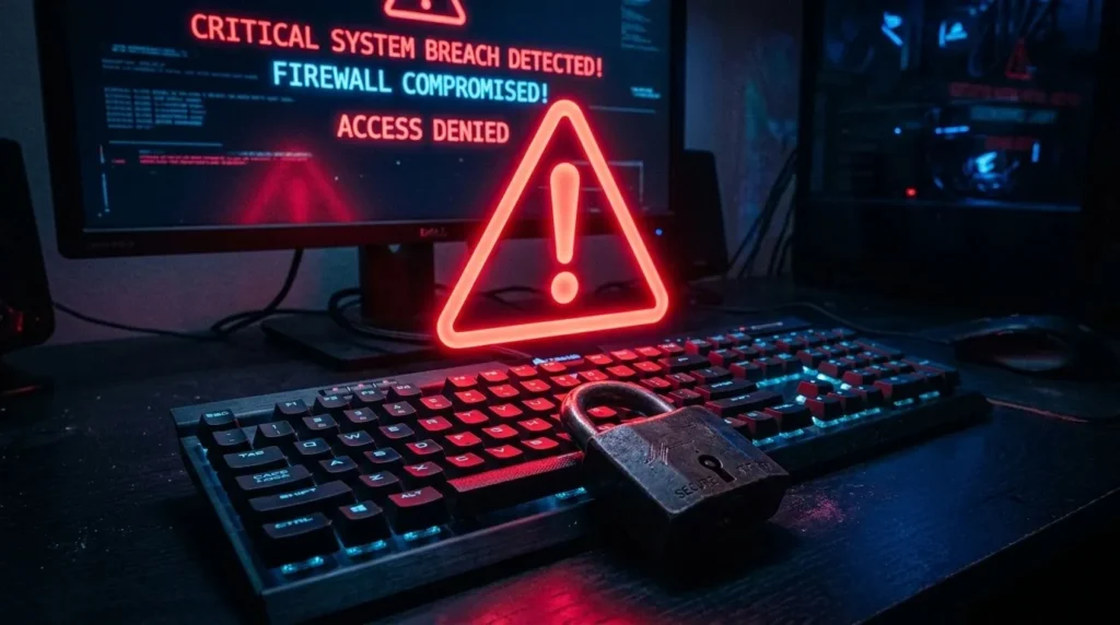 A conceptual photograph of a computer keyboard in a dark room illuminated by a glowing red warning triangle and a physical padlock, symbolizing security against student loan scams and fraud.