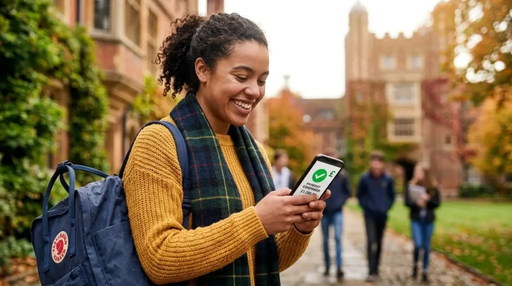A young student walking through a classic red brick UK university courtyard, using their smartphone to check their Student Finance balance.