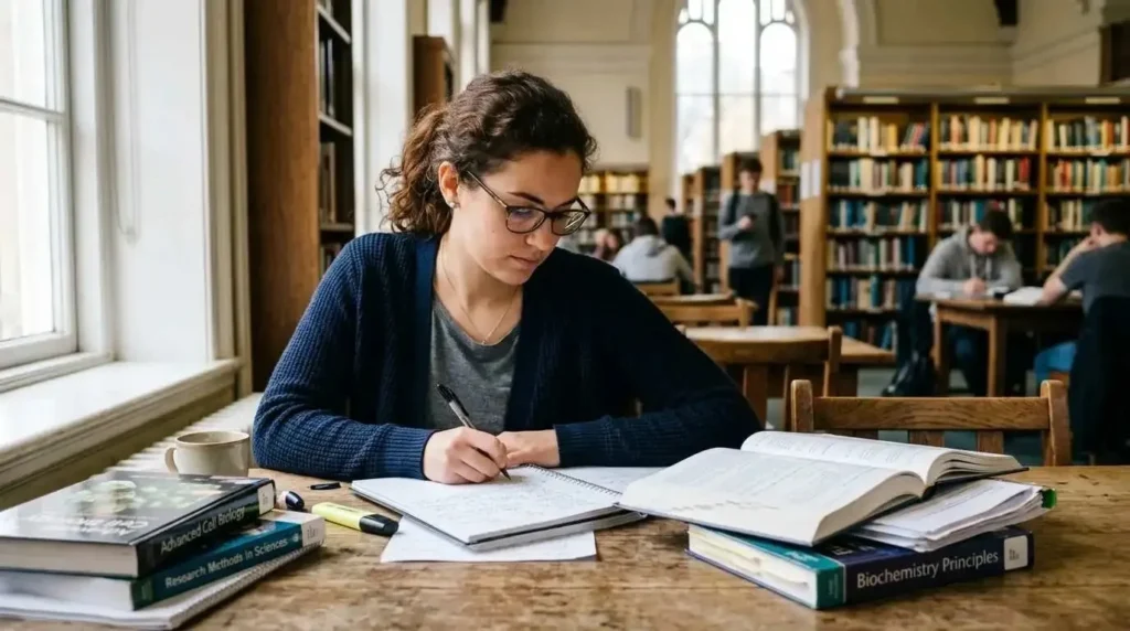 A focused adult learner studies in a university library, representing a student returning to school for a second bachelor's degree or teaching credential.