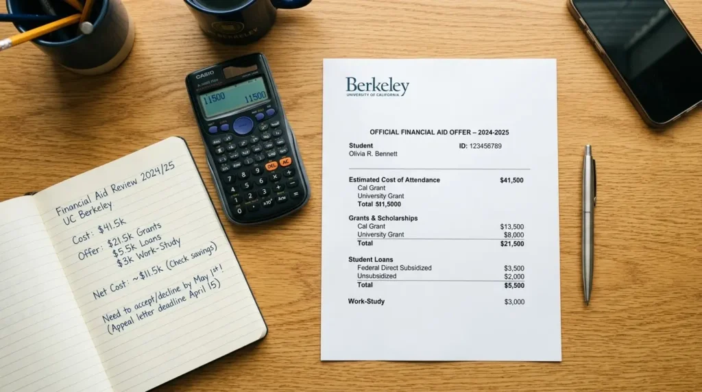 A top-down view of an official award letter, calculator, and notebook on a wooden desk showing financial aid calculations.