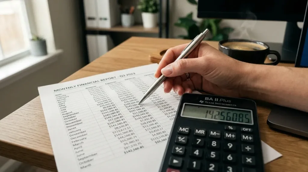 A close-up of a calculator, pen, and financial spreadsheet used to calculate a student's net price and Student Aid Index.