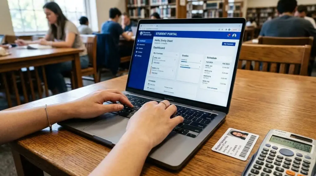 A close-up of a student using a laptop to check their university account for unused financial aid and refund balances.