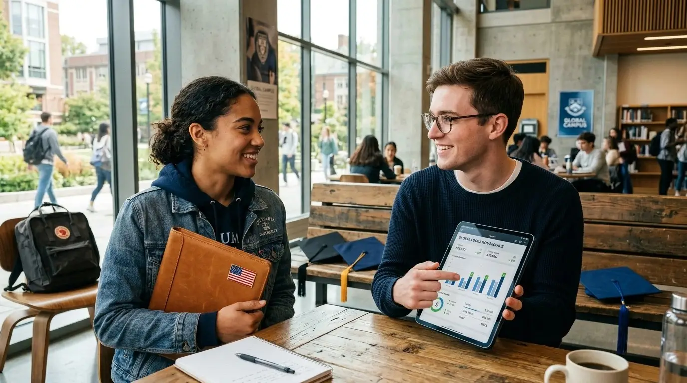 A diverse pair of US and UK students smile and review financial aid applications together in a modern university setting, illustrating international student finance planning.