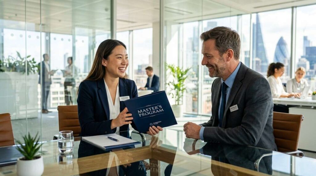A young professional discusses graduate school funding and employer tuition assistance with their manager in a modern office.