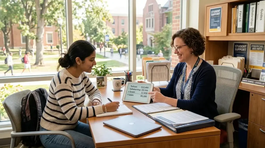 A university financial aid officer explains the cost of attendance and SAI calculation formula to a college student.