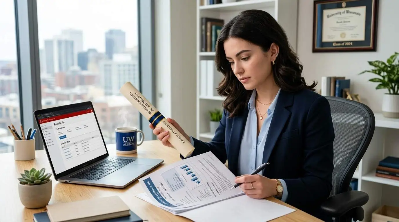 A young college graduate sits at a desk reviewing new financial aid documents and a laptop for graduate school.