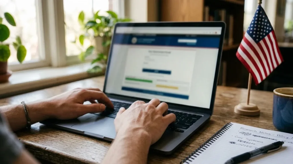 A close-up photograph of student hands typing on a laptop keyboard to access the official Federal Student Aid FAFSA portal for US government student loans.