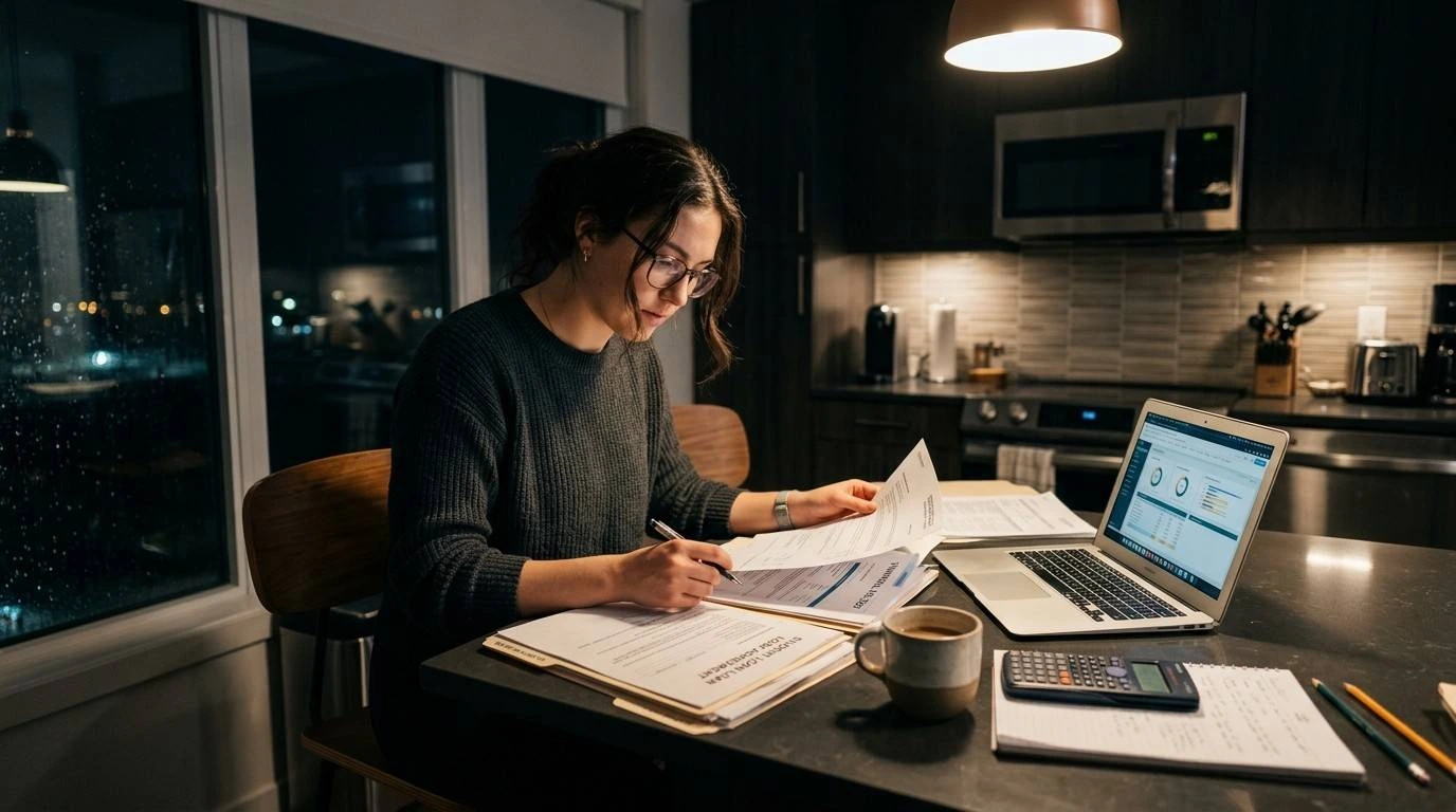 A focused young adult student sits alone at a kitchen counter reviewing financial aid paperwork and a laptop, representing FAFSA independent student status.