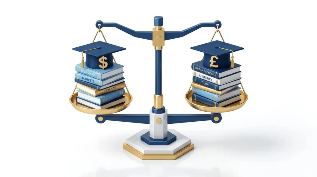 An isometric illustration showing a scale balancing a stack of books with a US Dollar sign ($) against a stack with a British Pound sign (£), comparing the two student loan systems.