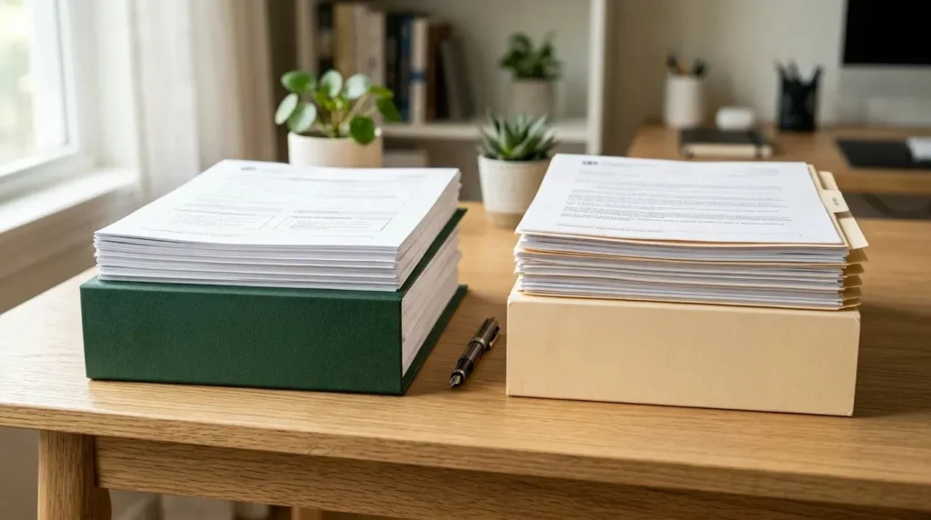 Two organized folders on a wooden desk representing the separation of free college grants and federal student loans.