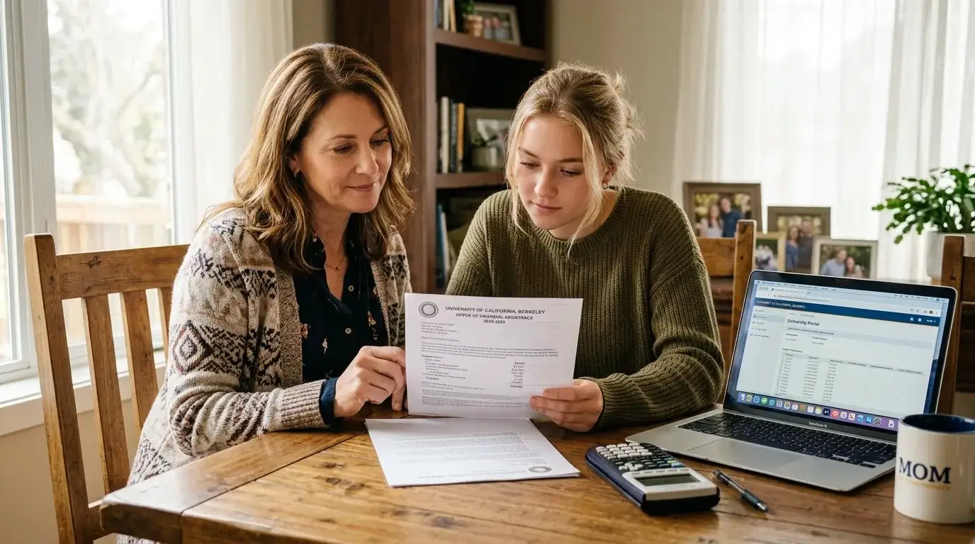 A parent and a college student sit at a dining table carefully reviewing a financial aid award letter and calculating costs on a laptop.