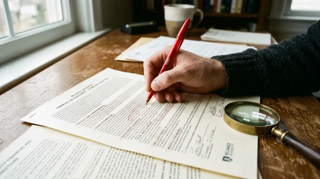A close-up of a person using a red pen to circle hidden terms and fine print on a college financial aid letter.