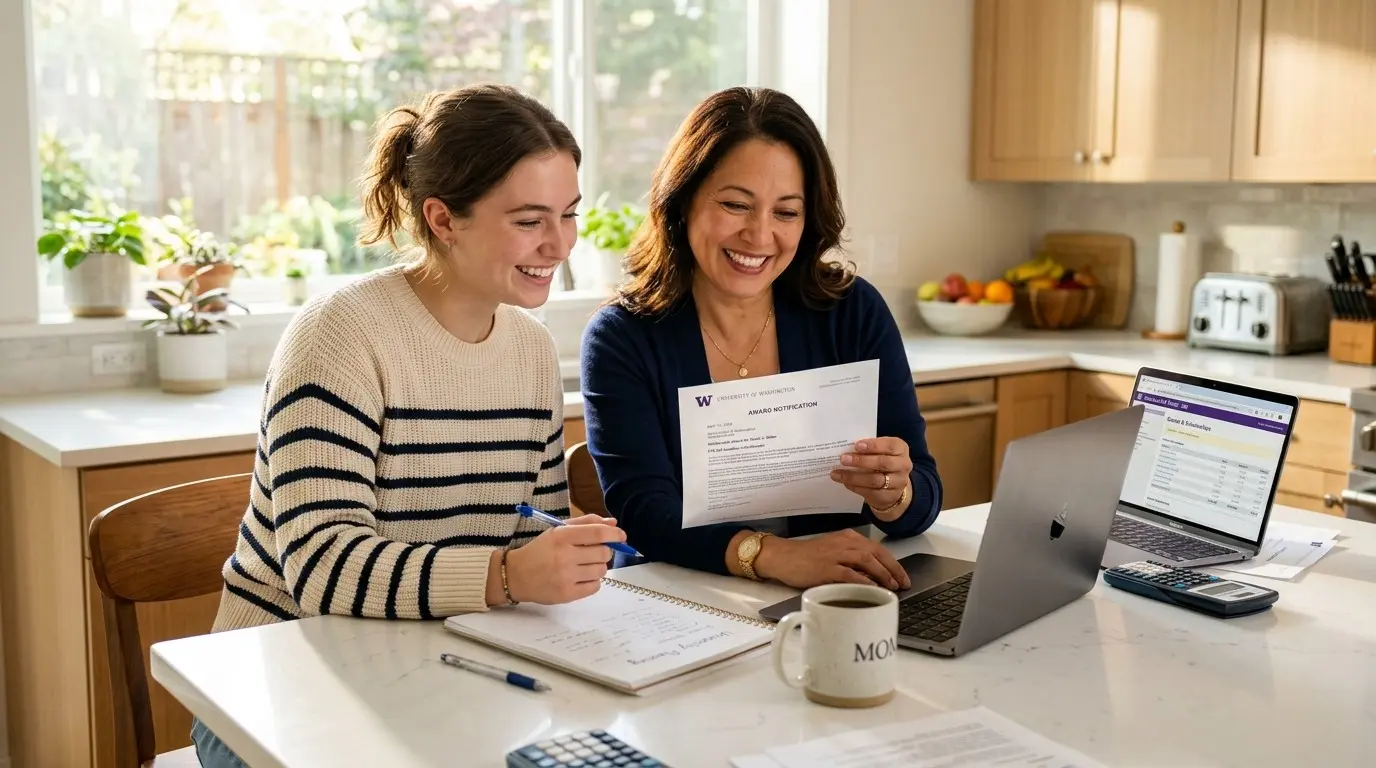 A student and her mother sit together at a kitchen counter reviewing a financial aid offer letter and checking costs on a laptop.