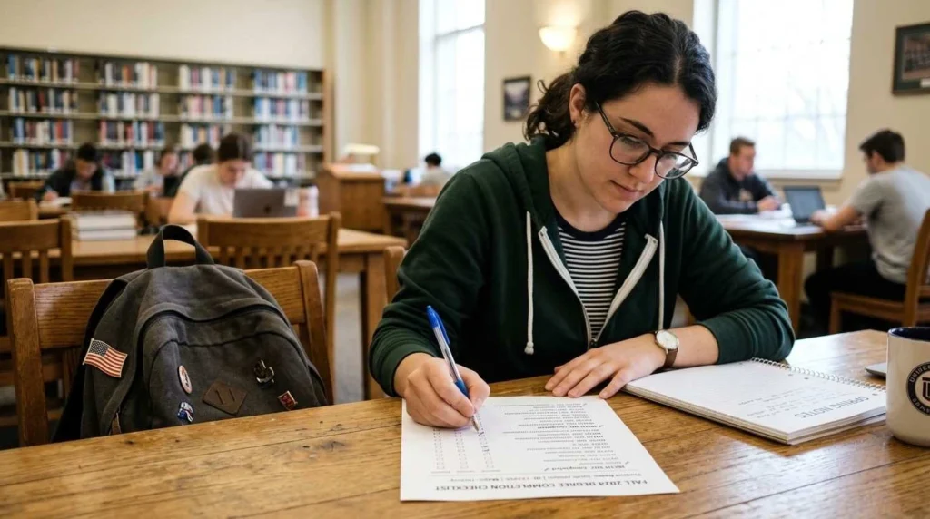 A mature college student carefully reviews and checks off a printed list of FAFSA independent student requirements in a university library.