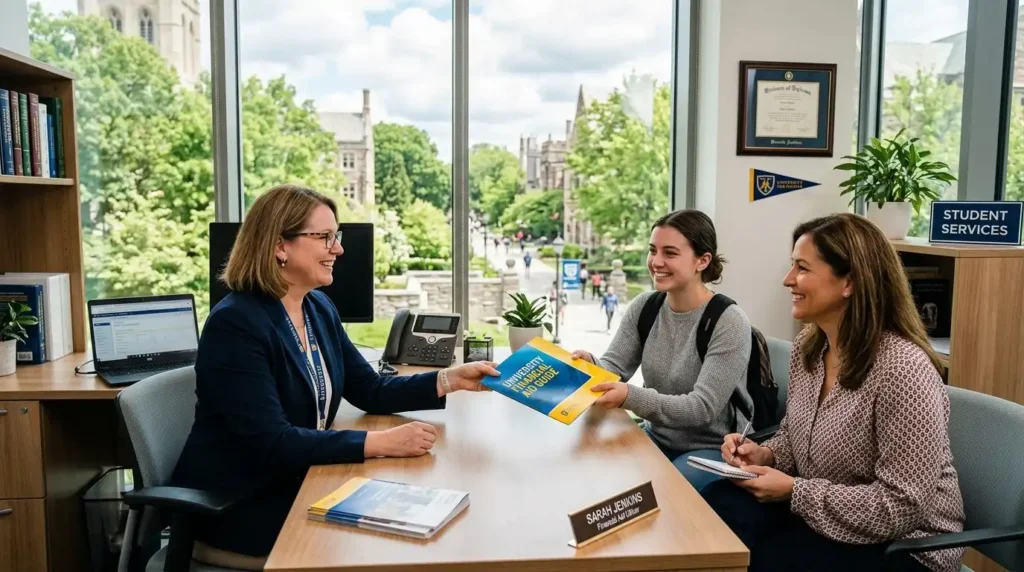 A college financial aid officer discussing an aid appeal with a student and parent in a modern university office setting.