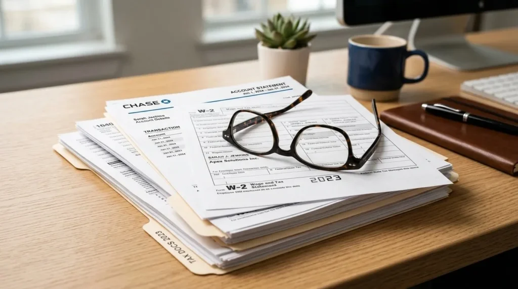 A neat stack of tax returns and bank statements used by the government to calculate a student's financial aid index.
