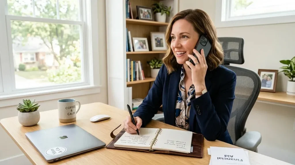 A confident parent talks on the phone while taking notes, negotiating a better financial aid package with a college financial aid office.